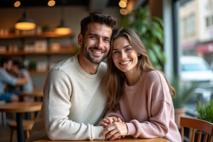 Couple souriant dans un café urbain en pulls pastel