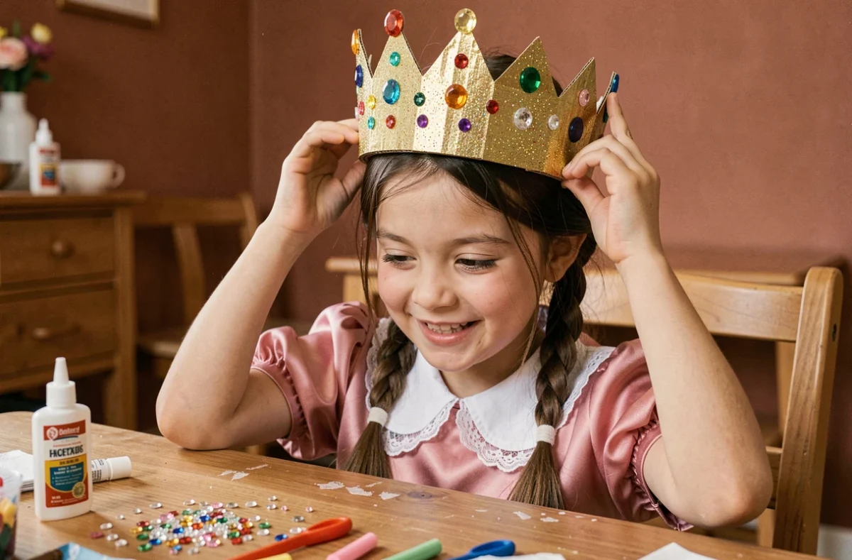 Fillette en costume de princesse pour carnaval ajustant sa couronne faite maison en carton doré et strass