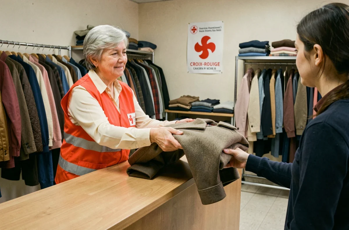 Bénévole de la Croix-Rouge Insertion remettant un manteau à un client dans la friperie solidaire de Mâcon