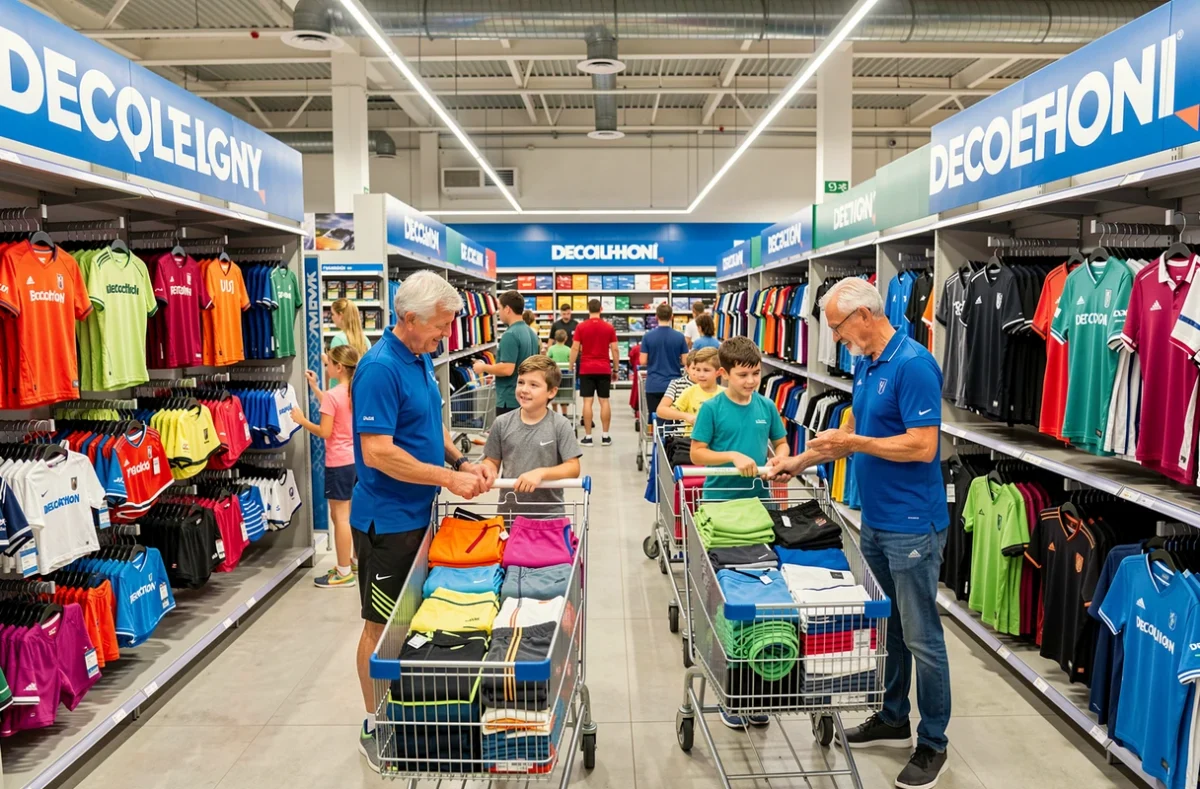 Vaste rayon de vêtements de sport abordables au Decathlon Dijon Quetigny avec des familles faisant leurs achats