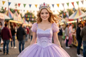 Jeune femme déguisée en princesse pour le carnaval avec une couronne argentée et une robe en tulle lavande