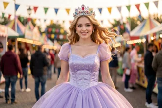 Jeune femme déguisée en princesse pour le carnaval avec une couronne argentée et une robe en tulle lavande