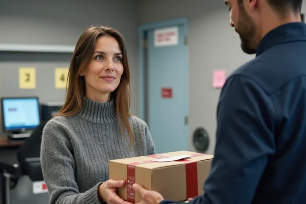 Une femme dépose un colis retour Vinted au guichet d'un bureau de poste en France