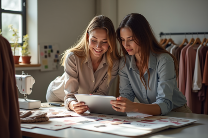 Deux créateurs de mode dans un studio lumineux en train de consulter un moodboard digital