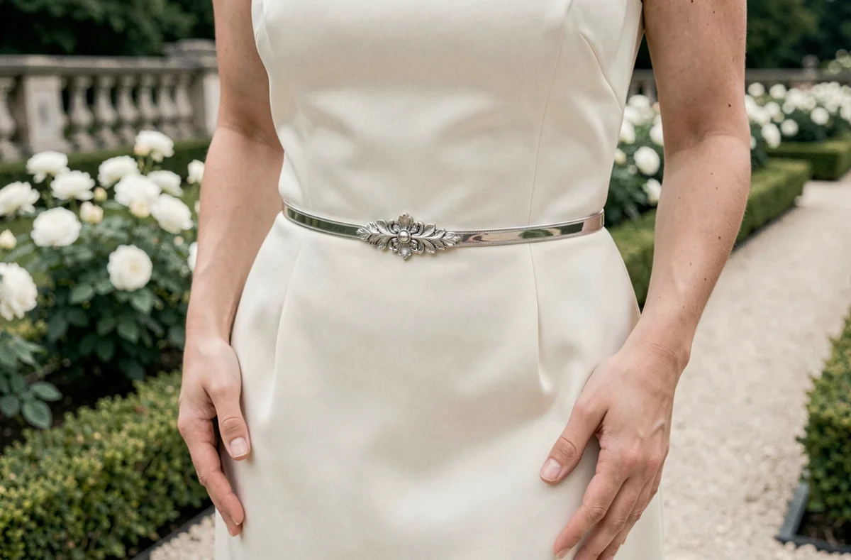 Gros plan d'une ceinture argentée florale sur une robe de mariée en satin crème dans un jardin de roses blanches