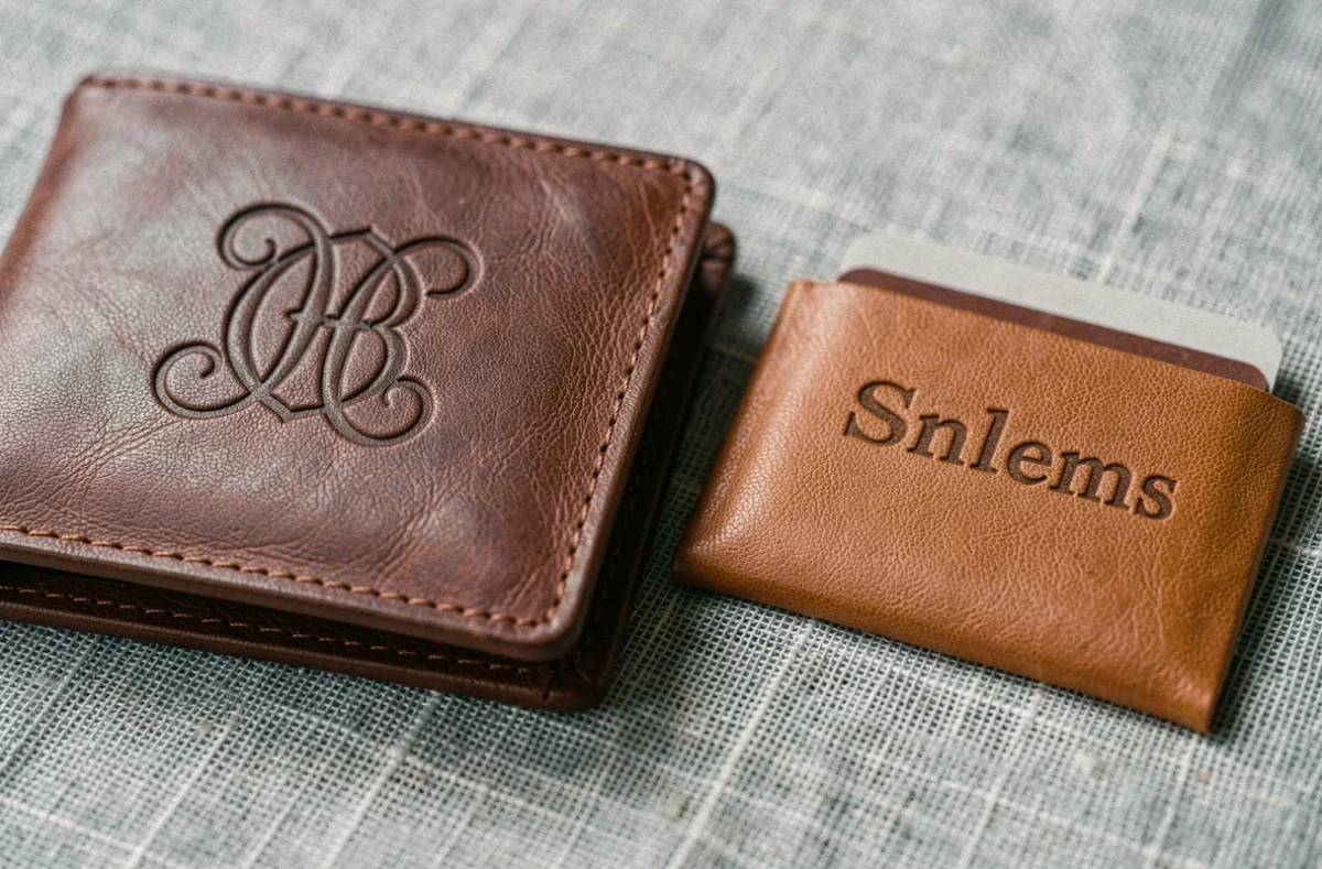 Gros plan sur la gravure d'un porte-cartes en cuir cognac et le monogramme d'un portefeuille marron sur fond de lin gris