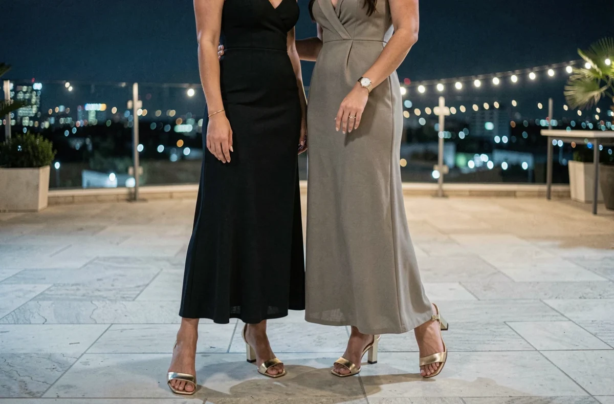 Deux femmes portant des sandales dorées à petit talon sur une terrasse festive en soirée