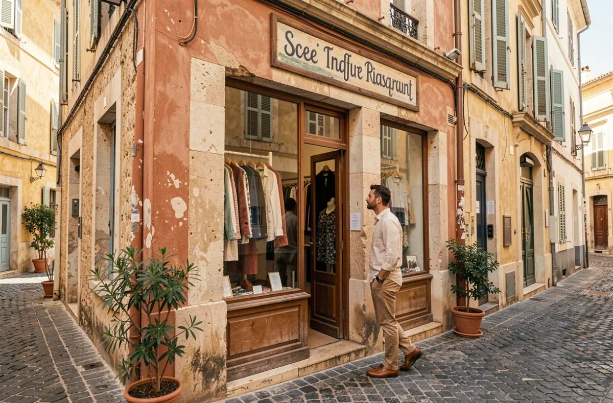 Devanture d'une nouvelle boutique de mode indépendante dans le quartier du Panier à Marseille avec façade en pierre et vitrine tendance