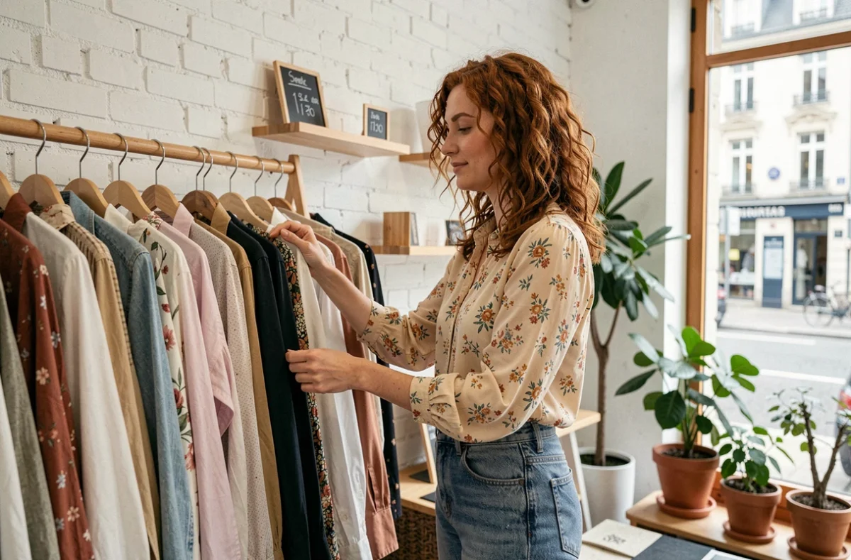 Jeune femme choisissant des vêtements sur un portant dans la boutique de mode Ding Fring à Chalon-sur-Saône