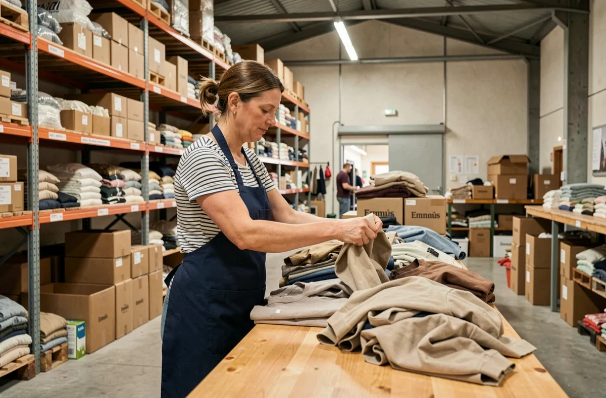 Bénévole triant des vêtements dans l'entrepôt de l'Emmaüs de Chalon-sur-Saône