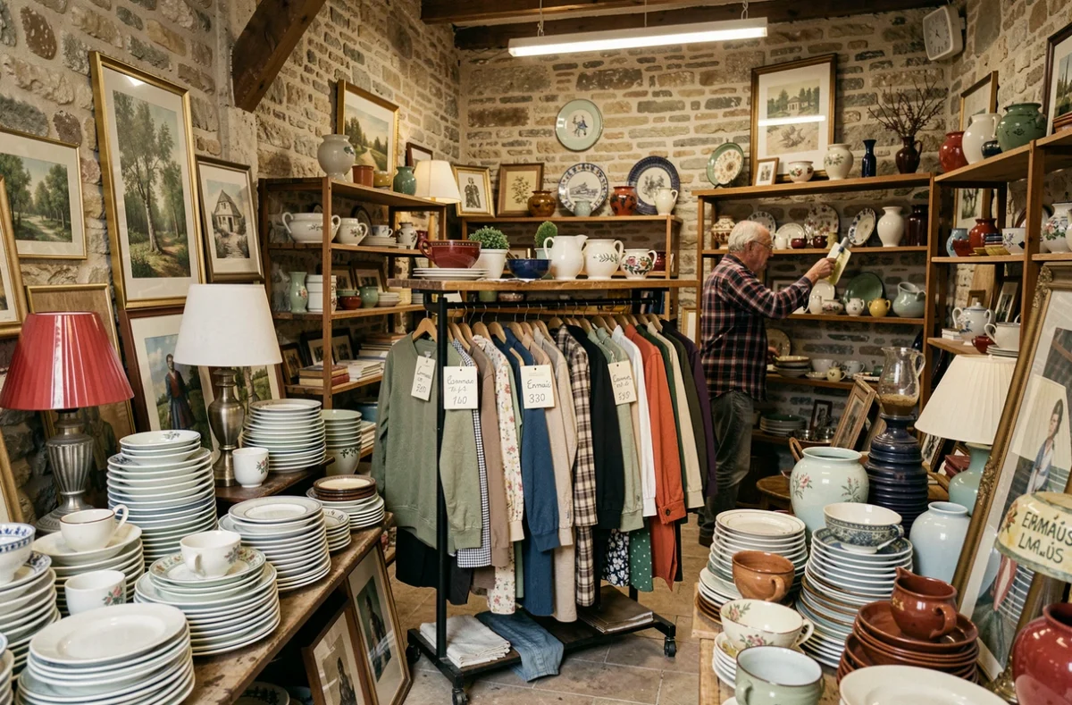 Intérieur de l'Emmaüs de Mâcon avec bric-à-brac, vêtements et objets vintage en Mâconnais