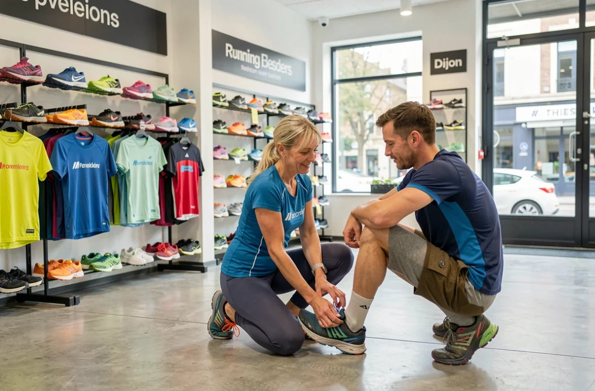 Intérieur de l'Endurance Shop Dijon avec un conseiller aidant un client à choisir des chaussures de running