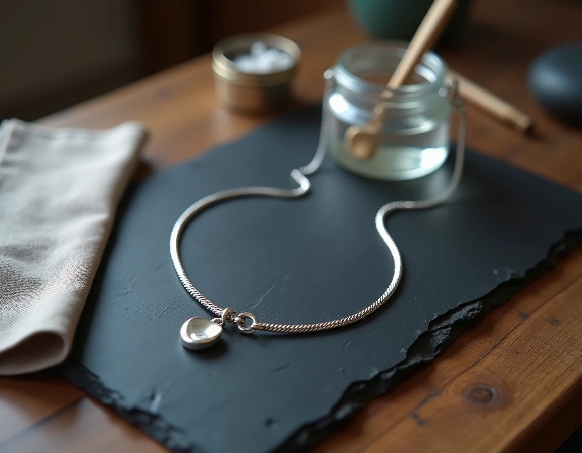 Collier ras de cou en argent posé sur une ardoise sombre avec un produit nettoyant et un chiffon microfibre, vue de dessus pour illustrer l'entretien des bijoux