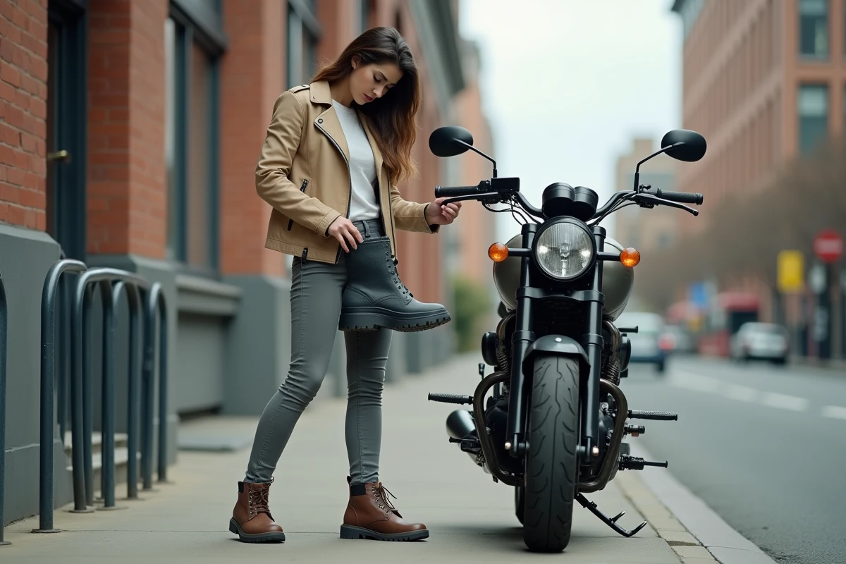 Femme à moto en milieu urbain réalisant l'erreur de porter des chaussures non adaptées à la moto
