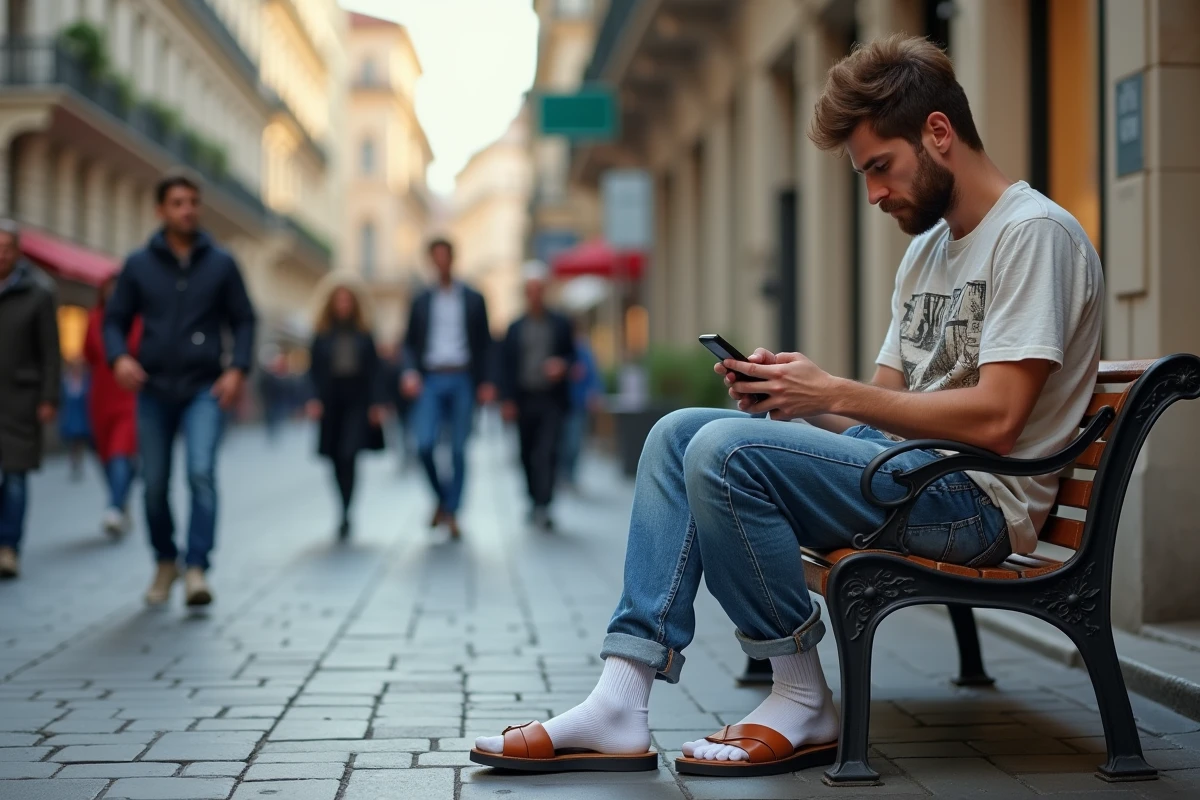 Homme en tenue démodée et mal coordonnée assis sur un banc en ville, erreurs de style masculines tendances 2026