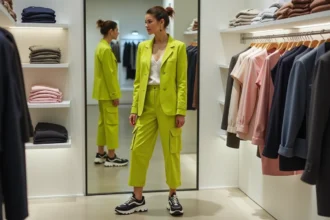 Femme portant une tenue mal assortie dans une boutique parisienne moderne, illustrant les erreurs de style à éviter en 2026