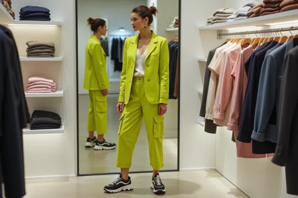 Femme portant une tenue mal assortie dans une boutique parisienne moderne, illustrant les erreurs de style à éviter en 2026
