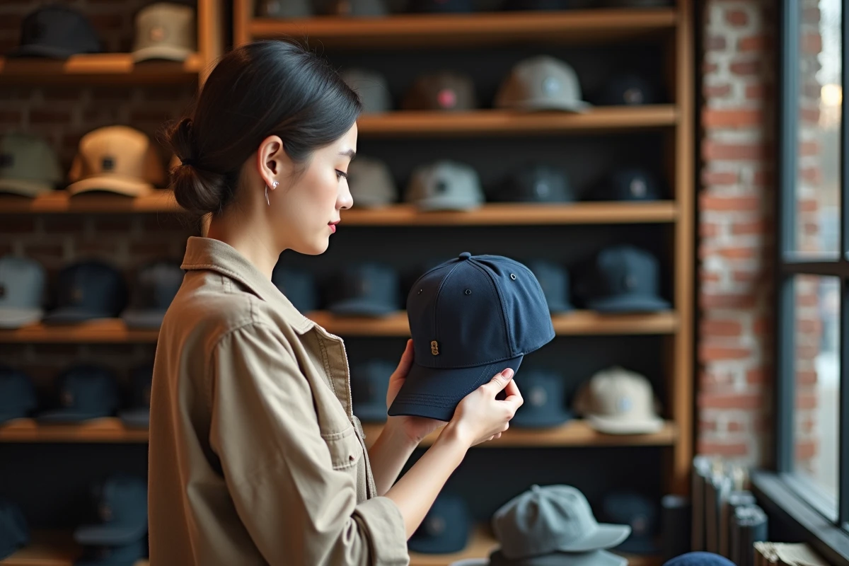 Femme lisant l'étiquette de taille intérieure d'une casquette dans une boutique de chapeaux