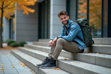 Étudiant en denim avec sac à dos dans un environnement urbain