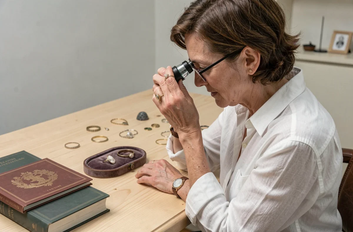 Experte en bijoux anciens examinant une bague camée à la loupe dans un atelier d'expertise, illustrant l'évaluation de la valeur et la signification d'un camée