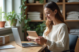 Femme utilisant l'application Vinted à la maison