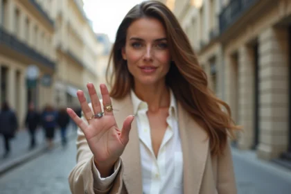 Femme élégante montrant ses bagues à Paris
