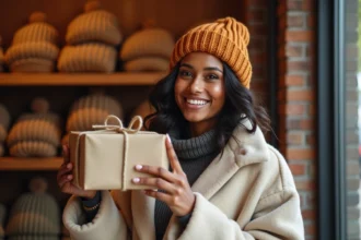 Femme souriante portant un bonnet en laine caramel tenant un cadeau emballé dans une boutique de bonnets