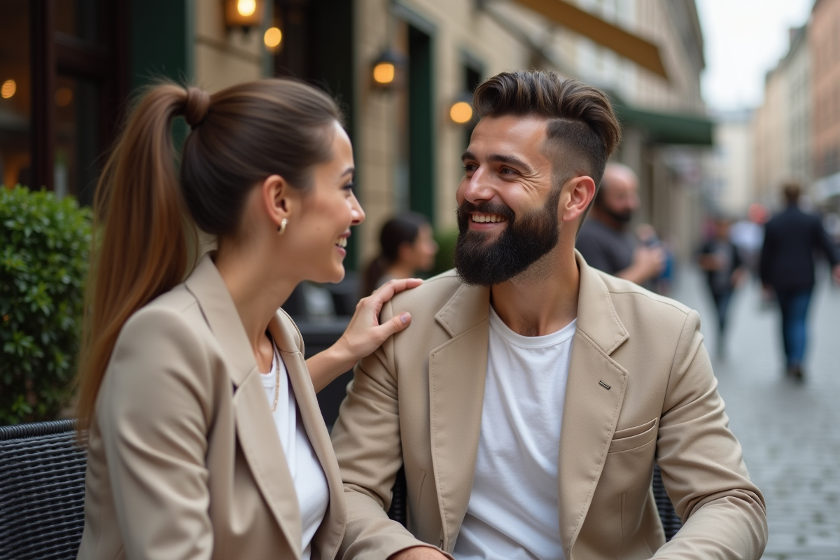 Femme souriante caressant la barbe de son partenaire en terrasse