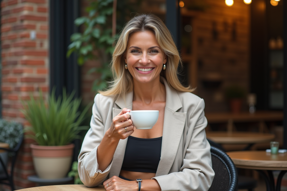 Femme élégante buvant un café en terrasse en extérieur