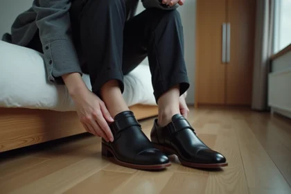 Jeune femme en tenue casual touchant une chaussure en cuir noir