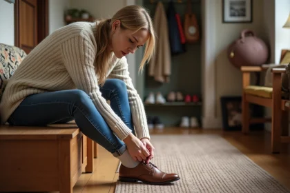 Femme assise dans un couloir en train d'enfiler une chaussure
