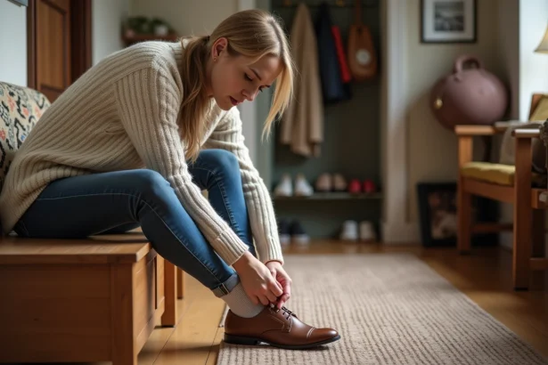 Femme assise dans un couloir en train d'enfiler une chaussure