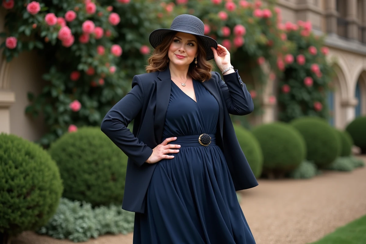 Femme élégante en robe navy dans un jardin de roses