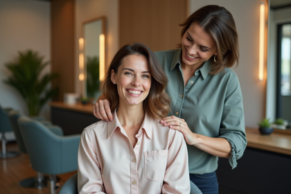 Femme souriante avec coupe mi-longue dans un salon moderne