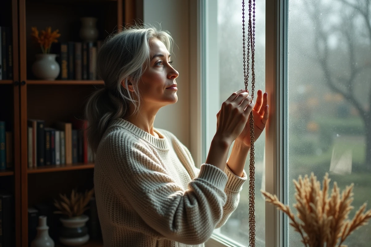 Femme tenant un collier emmêlé devant une fenêtre sous la pluie avec une expression méditative et spirituelle