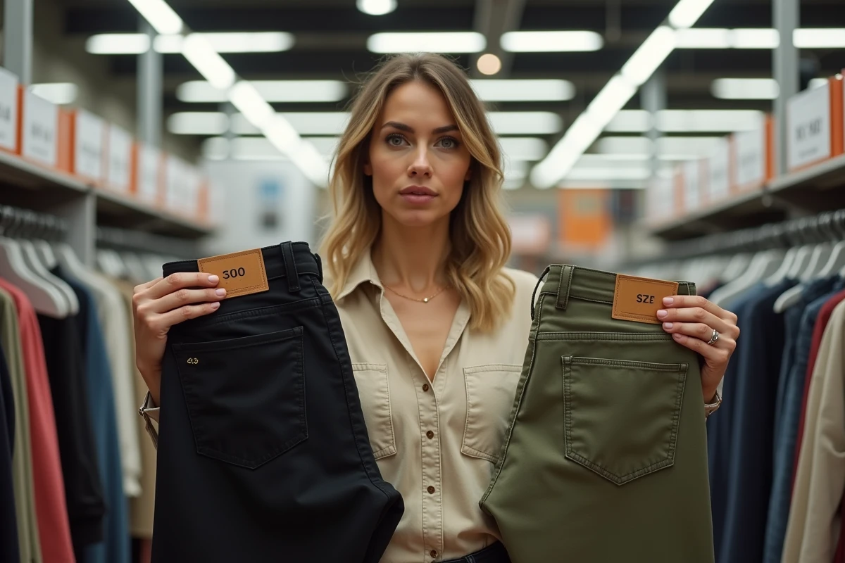Femme comparant deux pantalons taille 30 pas chers dans un magasin de prêt-à-porter
