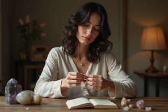 Femme qui démêle un collier en or avec une expression pensive, entourée de cristaux et d'un journal ouvert