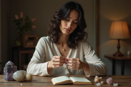 Femme qui démêle un collier en or avec une expression pensive, entourée de cristaux et d'un journal ouvert
