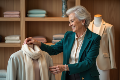 Femme élégante choisissant un foulard en boutique raffinée