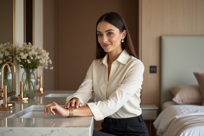 Femme élégante ajustant sa montre en intérieur