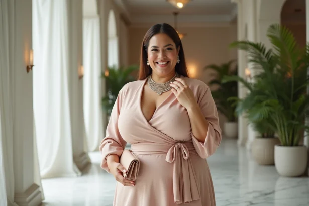 Femme en robe pastel ajustée avec bijoux et clutch