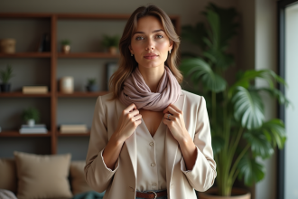 Femme élégante ajustant une écharpe en soie dans un salon moderne