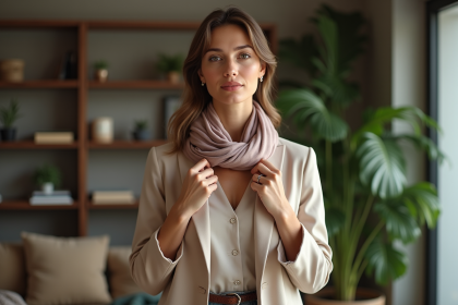 Femme élégante ajustant une écharpe en soie dans un salon moderne