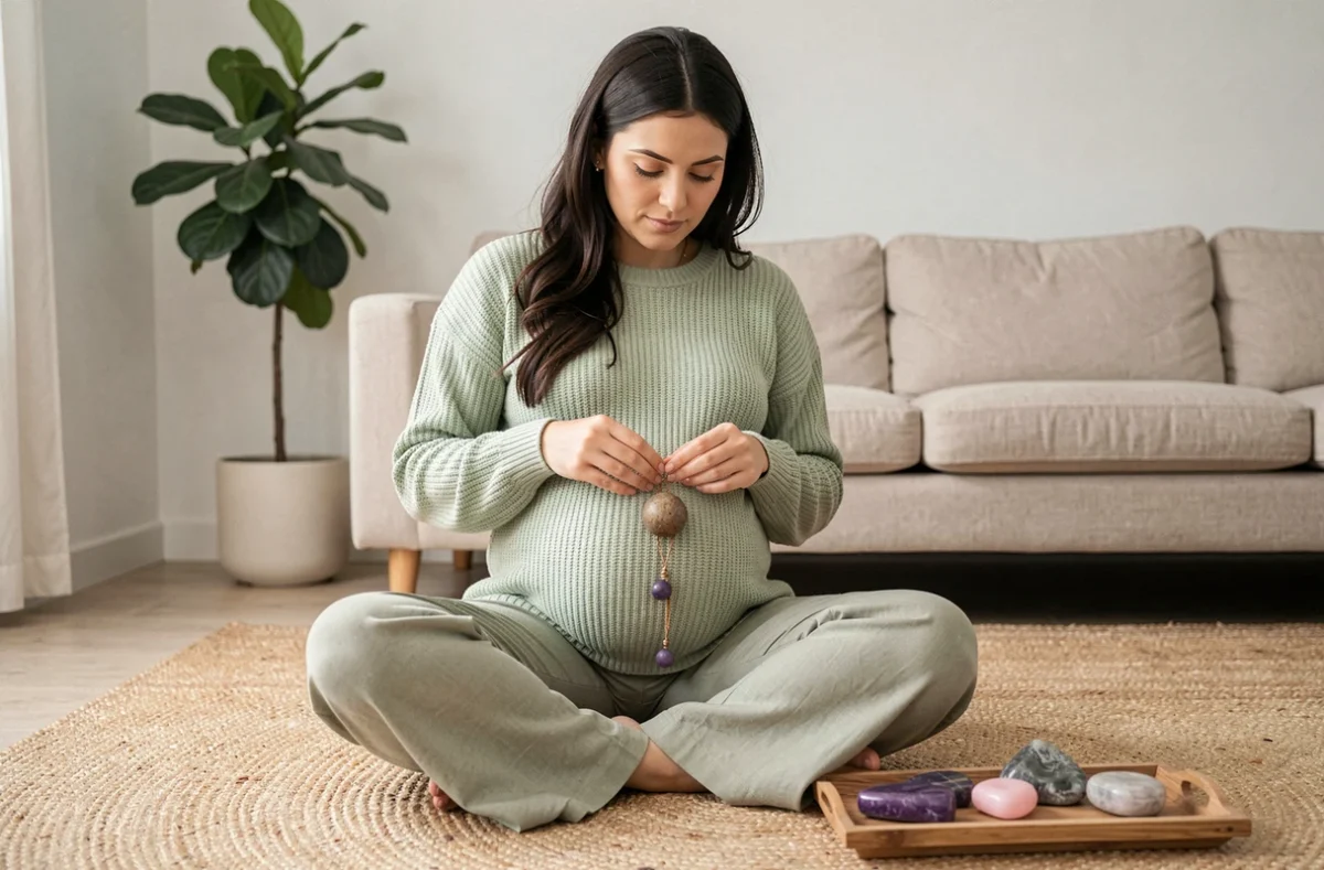 Femme enceinte assise en tailleur portant un bola de grossesse avec des pierres de lithothérapie posées sur un plateau en bois à côté d'elle