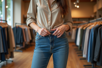 Femme ajustant sa ceinture en boutique de vêtements