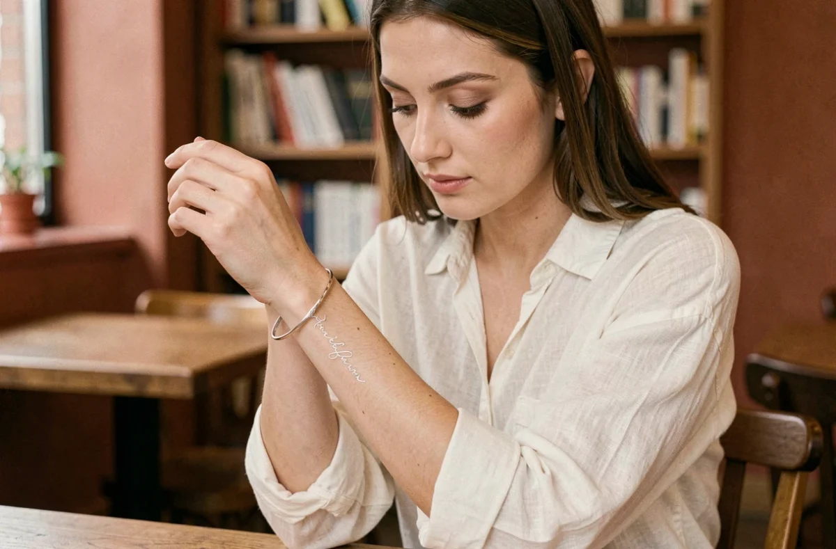 Femme portant un jonc argenté gravé en écriture manuscrite au poignet dans un café cosy, bijou personnalisé 2026
