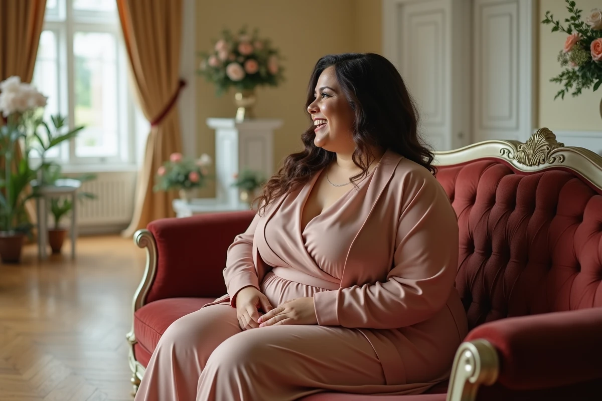 Femme joyeuse en jumpsuit dans un salon élégant