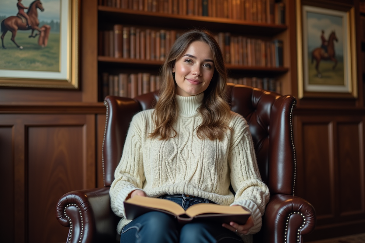 Jeune femme en pull crème dans une bibliothèque chaleureuse