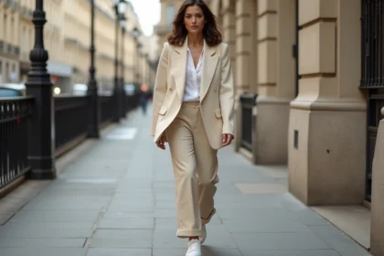 Femme élégante en blazer crème et baskets françaises blanches marchant sur un trottoir parisien haussmannien, tenue urbaine chic et tendance