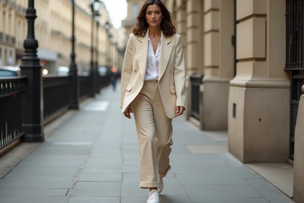 Femme élégante en blazer crème et baskets françaises blanches marchant sur un trottoir parisien haussmannien, tenue urbaine chic et tendance